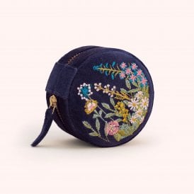 Floral Hedgerow Navy Velvet Round Jewellery Box