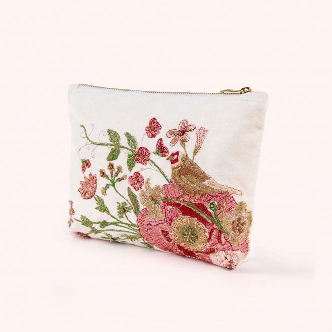 Powder Goldfinch Velvet Mid Sized Zip Pouch - Cream