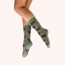Highland Cow Fuzzy Socks - Green