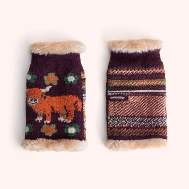 Powder Highland Cow Wrist Warmers - Damson