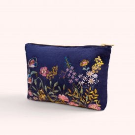 Navy Floral Hedgerow Velvet Zip Pouch