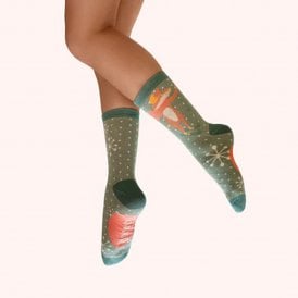 Skiing Mouse Glitter Ankle Socks - Green