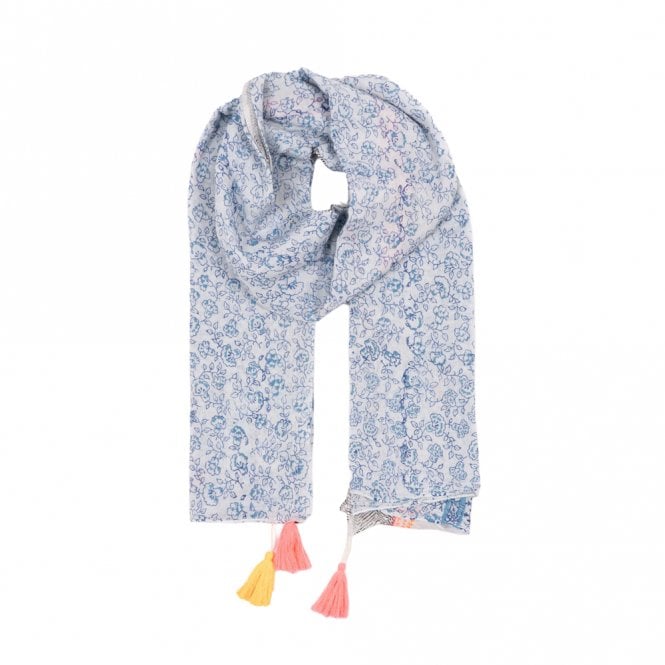 Sarta Talia Blue, Floral Print Lightweight Cotton Tassel Scarf
