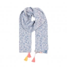 Talia Blue, Floral Print Lightweight Cotton Tassel Scarf