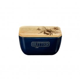 Bee Oak Top Blue Ceramic Butter Dish