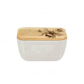 Bee Oak Top White Ceramic Butter Dish