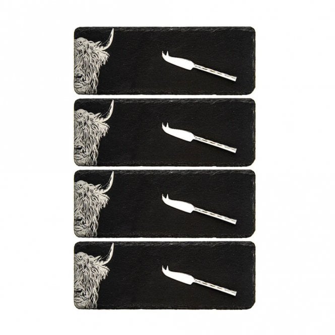 Selbrae House Mini Slate Highland Cow Cheese Boards and Knives Gift Set