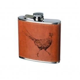 Pheasant Engraved Leather Wrapped Hip Flask