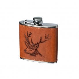 Stag Engraved Leather Wrapped Hip Flask