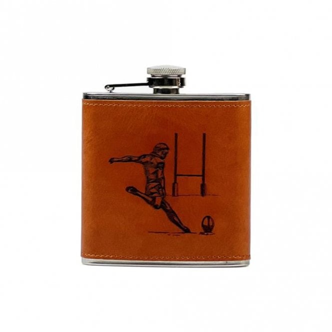 Selbrae House Vintage Rugby Engraved Leather Wrapped Hip Flask