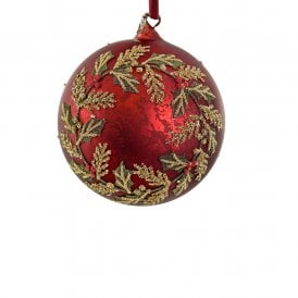 Antique Red Beaded Holly Wreath Glass Bauble 12cm