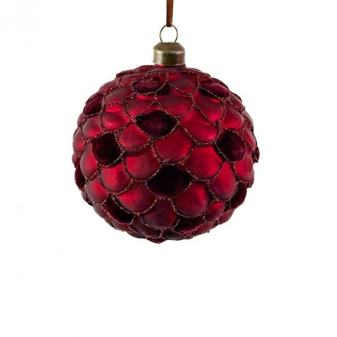 Shishi Burgundy Velvet & Glitter Glass Bauble 10cm