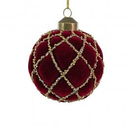 Burgundy Velvet & Gold Bead Bauble 8cm
