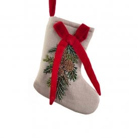 Cream Stocking With Beaded Fir Branch & Bow 15cm