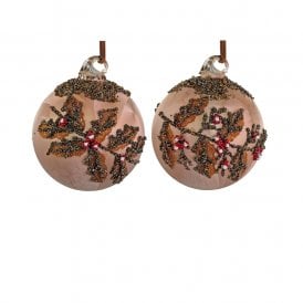 Frosted Flowers & Beaded Holly Glass Bauble Assorted