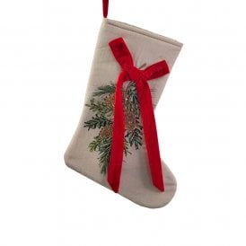 Stocking With Beaded Fir Branch & Red Bow 33cm