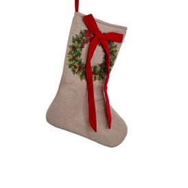 Stocking With Beaded Wreath & Red Velvet Bow 38cm