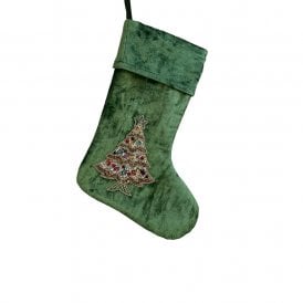 Velvet Green Stocking with Christmas Tree 40cm