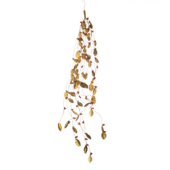 Shoeless Joe Dangling Golden Holly Leaves with Red Berries Metal Hanging Decoration