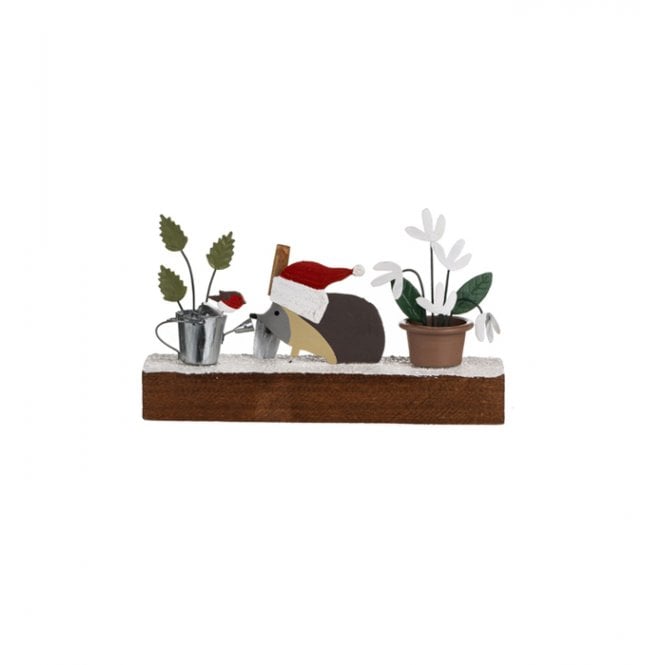 Shoeless Joe Festive Hedgehog Gardening on Block Standing Decoration