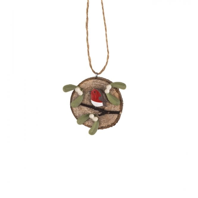 Shoeless Joe Robin & Mistletoe On Log Hanging Decoration