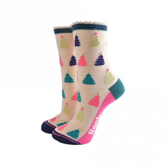 Sock Talk Cream & Pink Christmas Tree Bamboo Socks