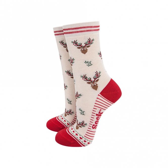 Sock Talk Cream & Red Floral Reindeer Bamboo Socks