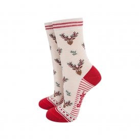 Cream & Red Floral Reindeer Bamboo Socks