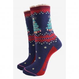 Navy Classic Christmas Tree Bamboo Socks