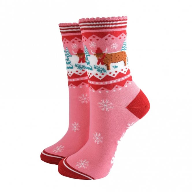 Sock Talk Pink & Red Christmas Highland Cow Bamboo Socks