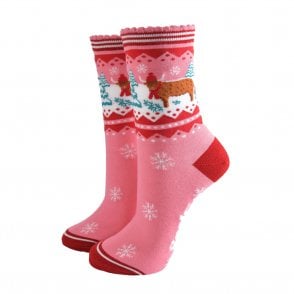 Pink & Red Christmas Highland Cow Bamboo Socks