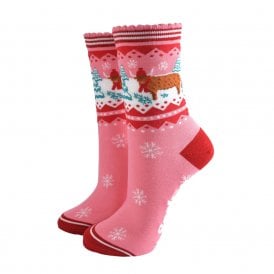 Pink & Red Christmas Highland Cow Bamboo Socks