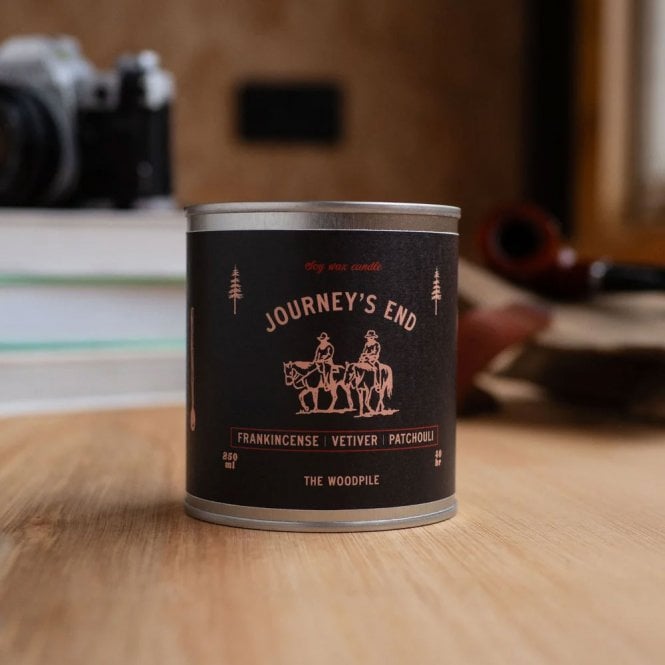 The Woodpile Journeys End Tin Candle - Frankincense, Vetiver & Patchouli