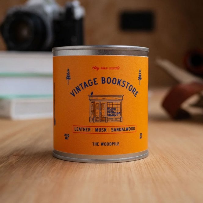 The Woodpile Vintage Bookstore Tin Candle 