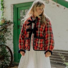 Flora Reversible Jacket - Navy Velvet and Red and Navy Tartan Reverse