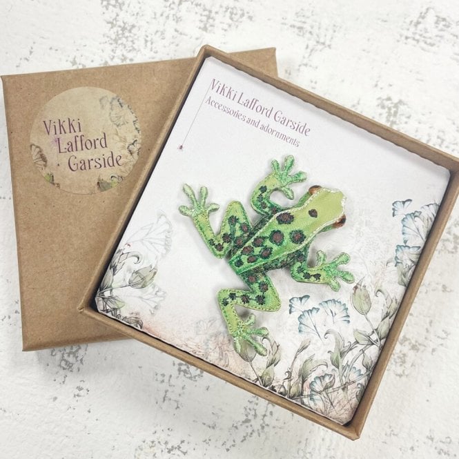 Vikki Lafford Garside Green Spotted Frog Embroidered Brooch