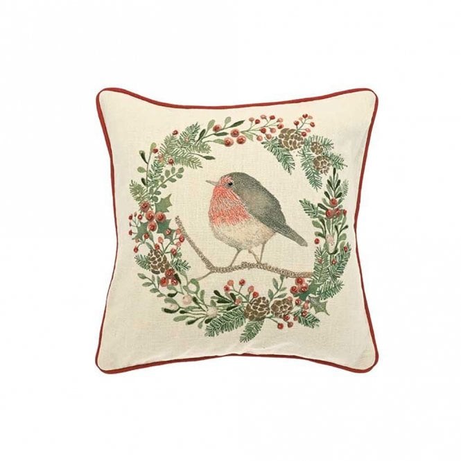 Walton & Co Robin and Wreath Embroidered Cushion
