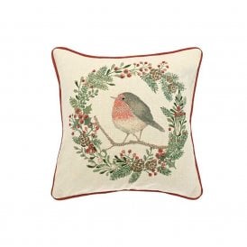 Robin and Wreath Embroidered Cushion