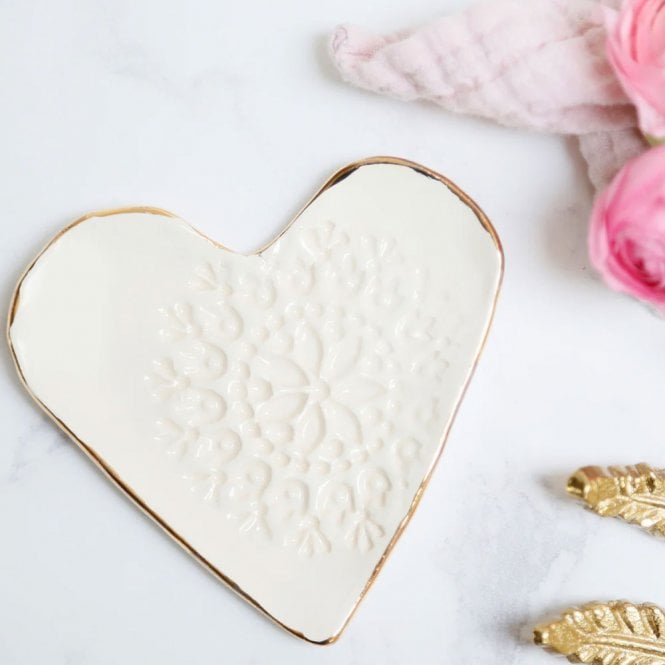 White Rain Designs Side Stamped Gold Rim Heart Trinket Dish